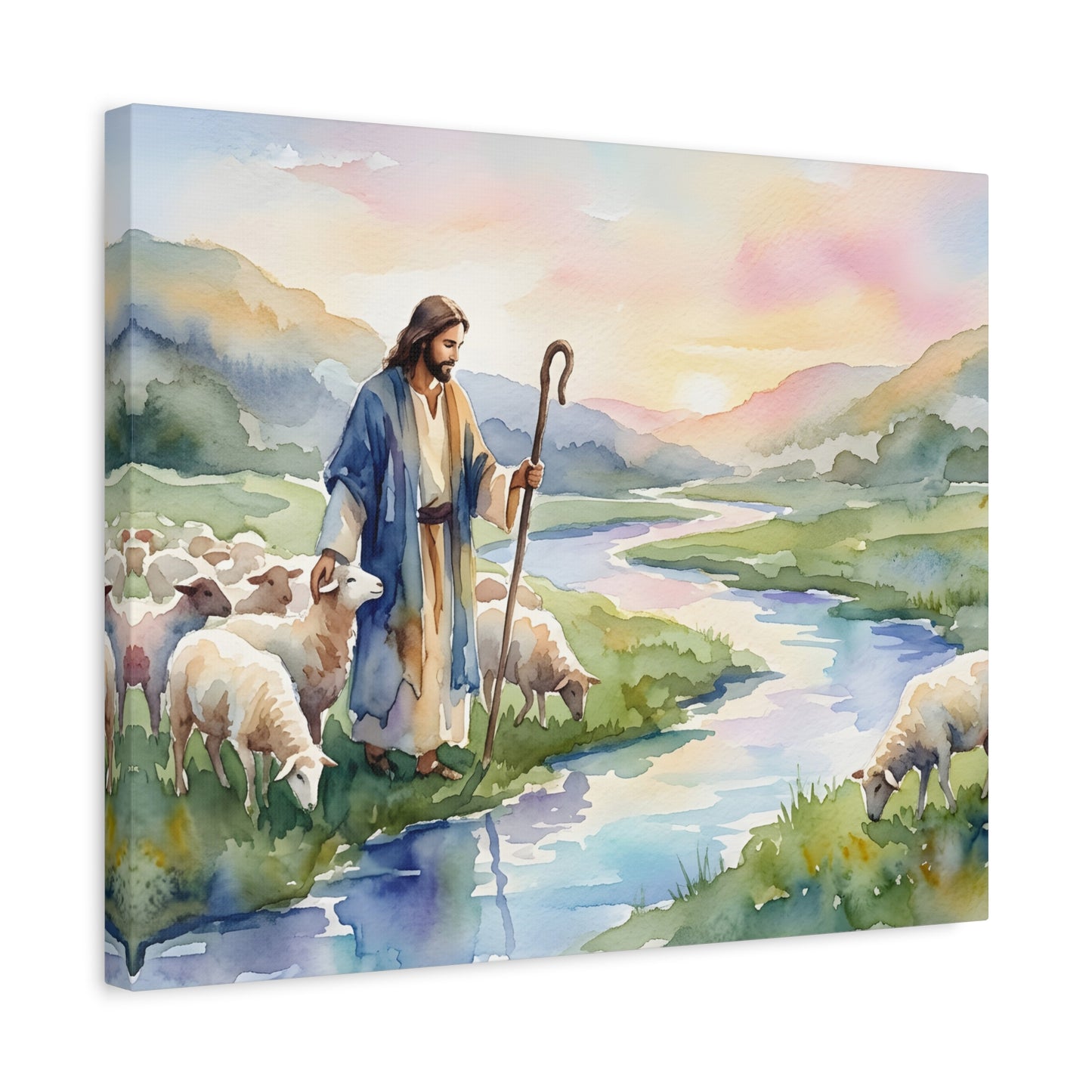 “Still Waters - Shepherd Leads His Flock” - Canvas Art