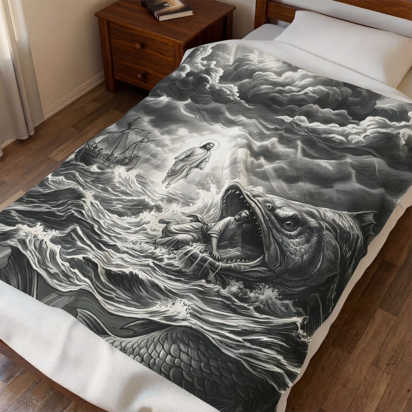 Jonah being swallowed by the great fish - Plush Blanket