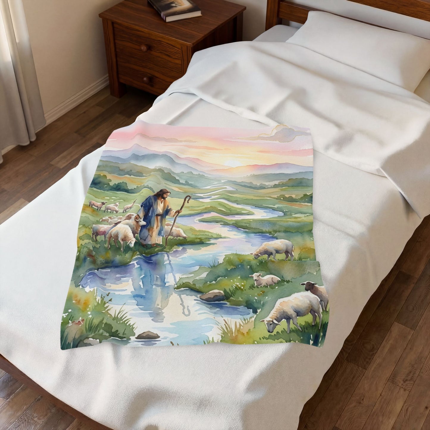 “Still Waters - Shepherd Leads His Flock” - Plush Blanket