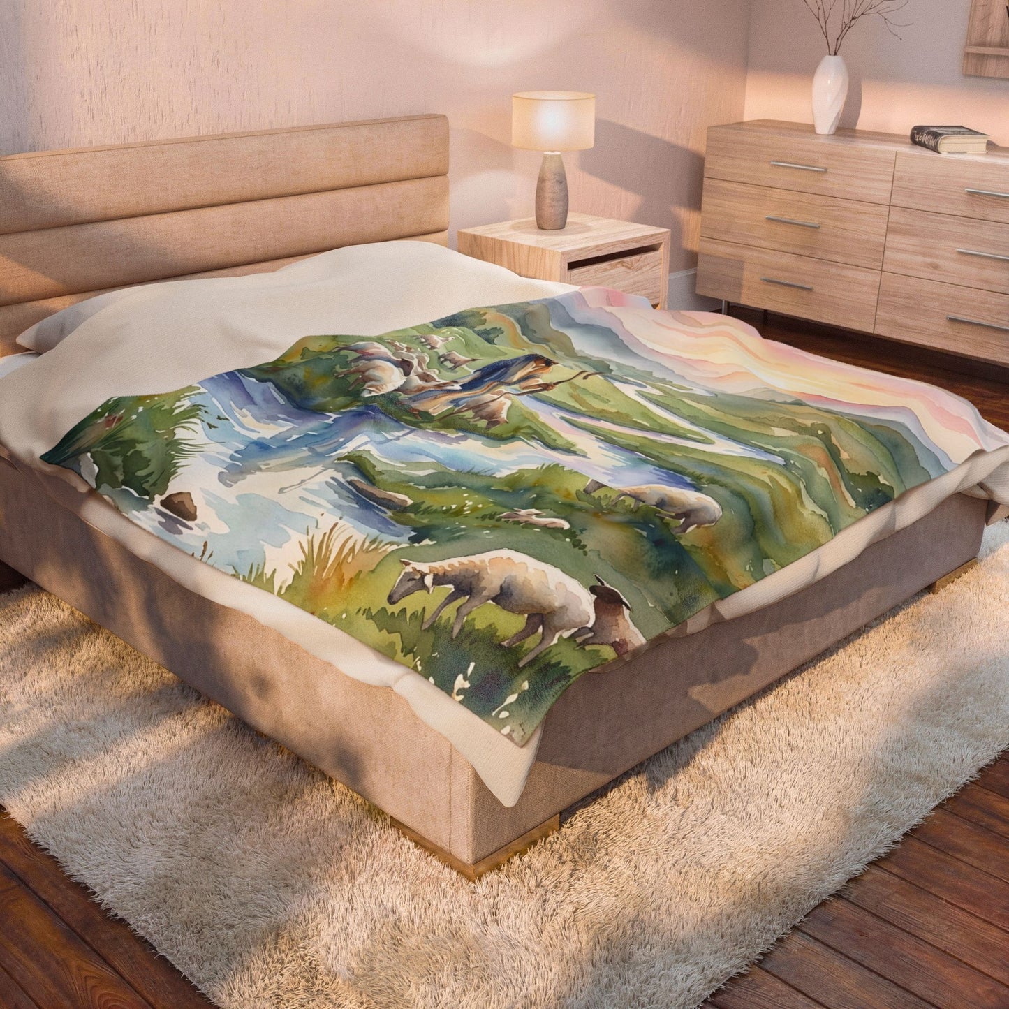 “Still Waters - Shepherd Leads His Flock” - Plush Blanket